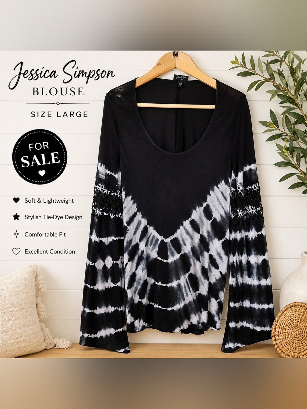 Jessica Simpson Black & White Tie-Dye Long Sleeve Top